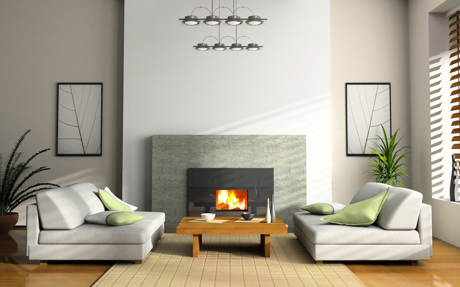 interior room apartment design style sofa chair fire fireplace table painting plants cup paper vase