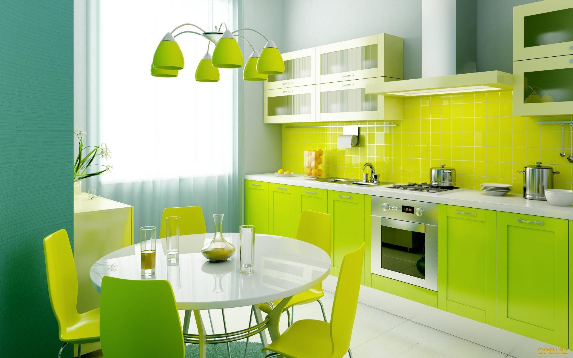 wallpaper style interior kitchen green lamp table vase flowers window light