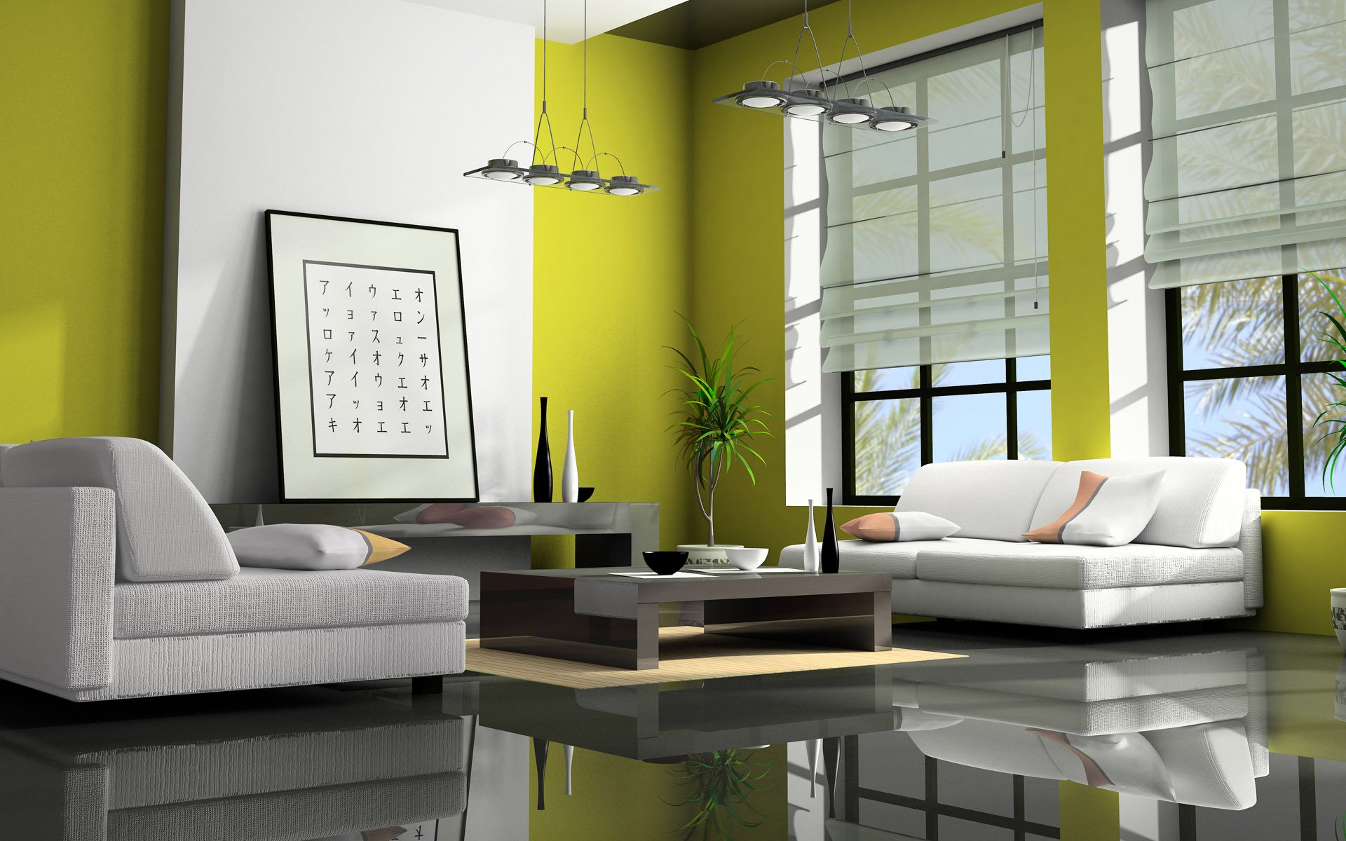 estilo verde habitación interior asiático pintura caracteres mesa florero flor ventana