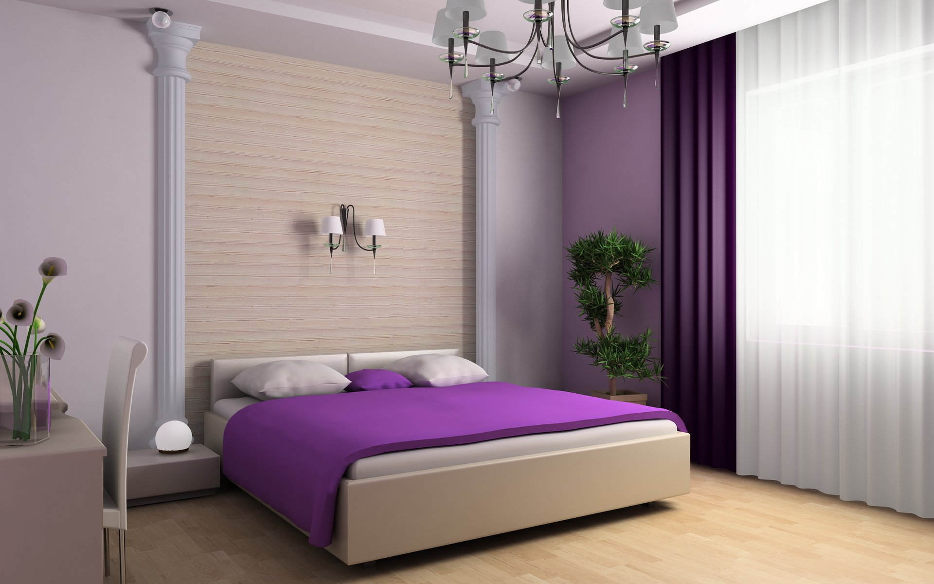 interno camera appartamento design stile letto cuscini piante fiori tavolo sedia coperta viola