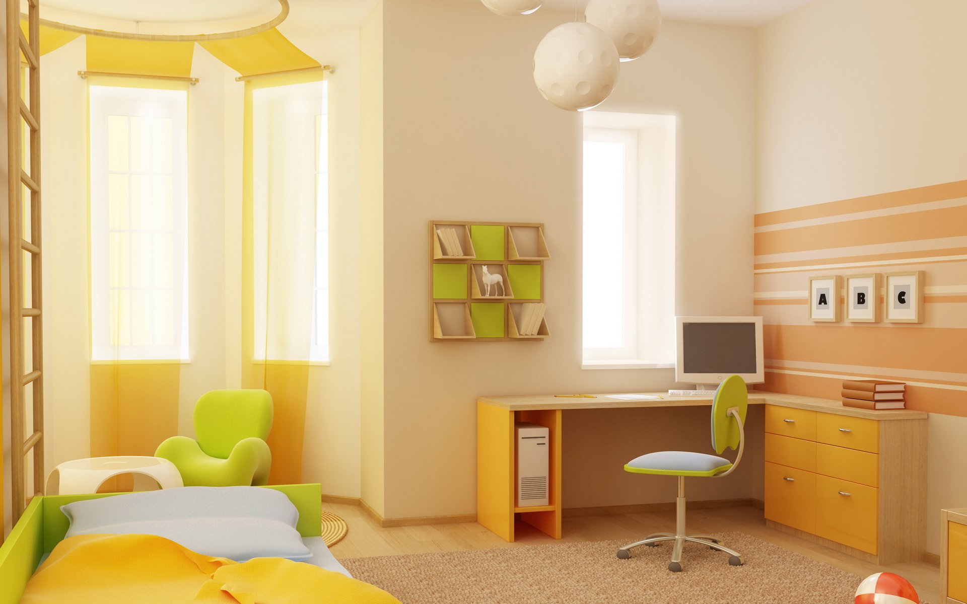 innenraum stil design zimmer wohnung kinderzimmer grün bett sessel tisch bücher ball fenster computer regale hintergrund