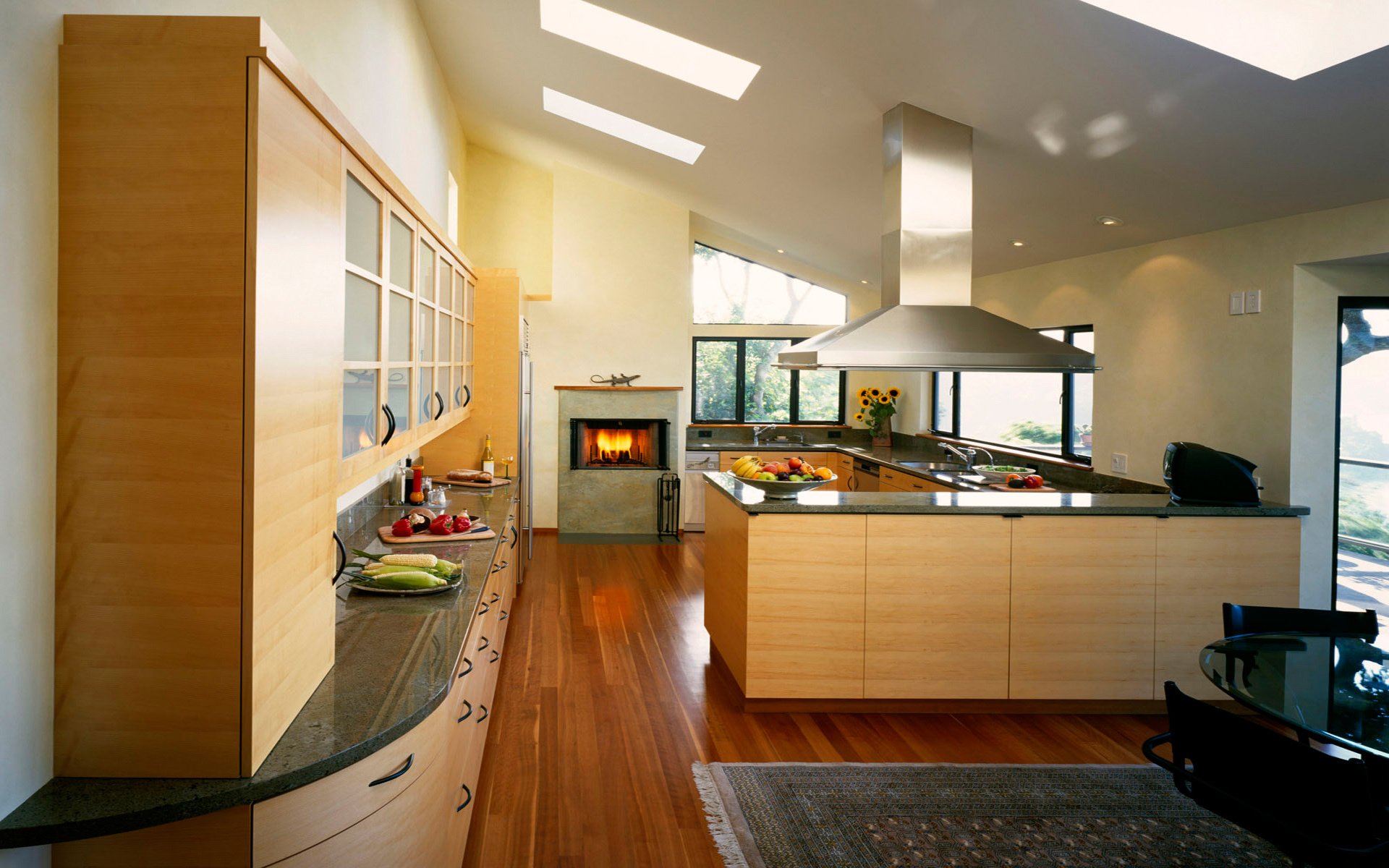 interior room apartment design style kitchen food vegetables fruits fire fireplace