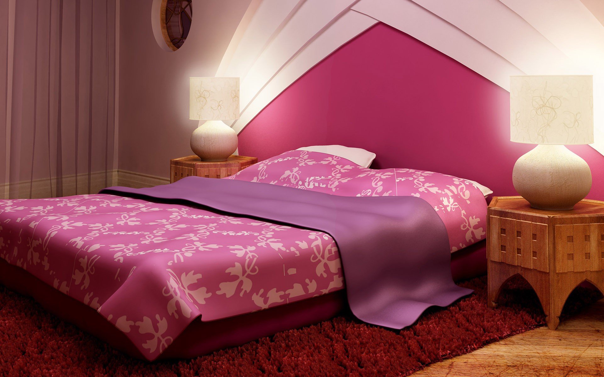 bedroom interior design pink sleeping linen pillows bedspread blanket lamp lamp carpet bedside table 1920x1200