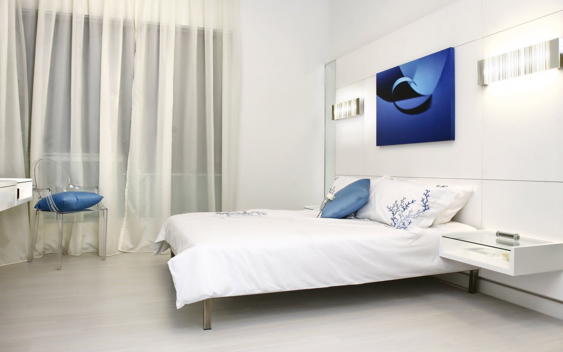 interior bedroom room bed white blue