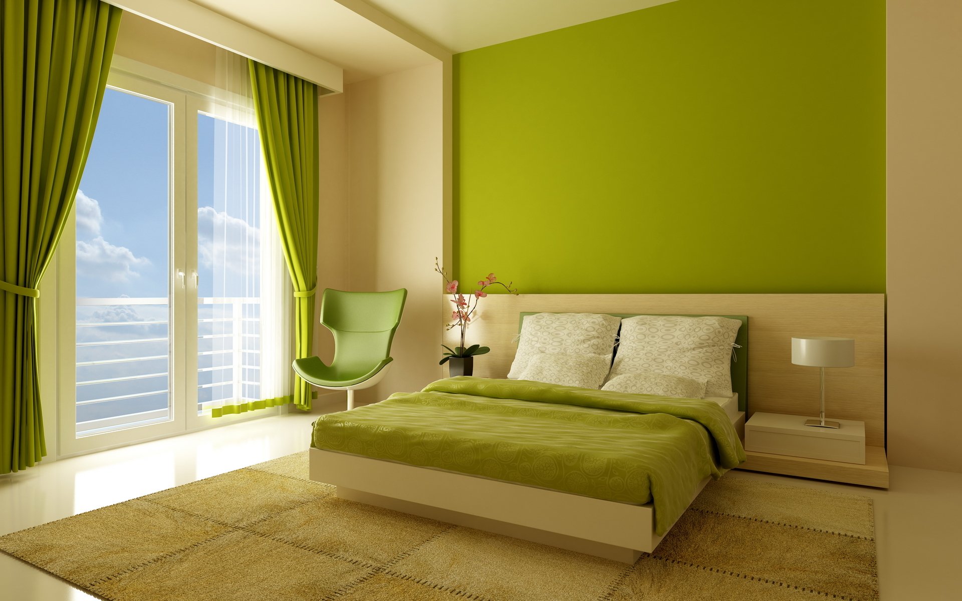 interno camera appartamento design stile letto poltrona finestra verde