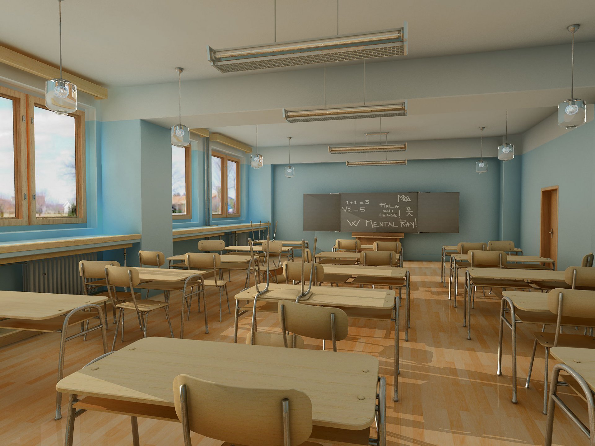 stanza scuola.scrivanie sedie bordo scrivania