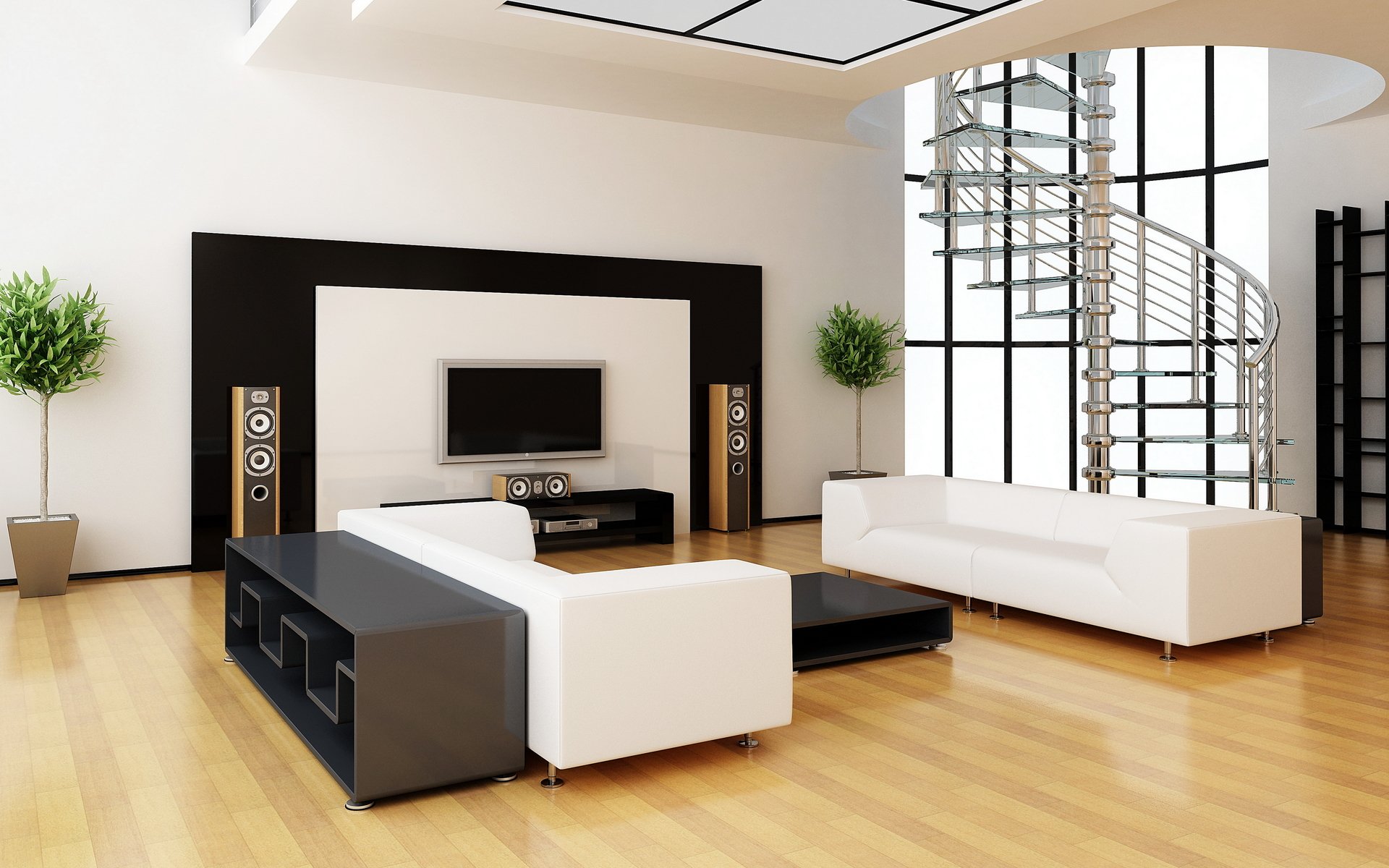 interieur zimmer wohnung design stil stereoanlage sofa weiß treppe treppe fernseher lautsprecher pflanzen. vase. die blumen