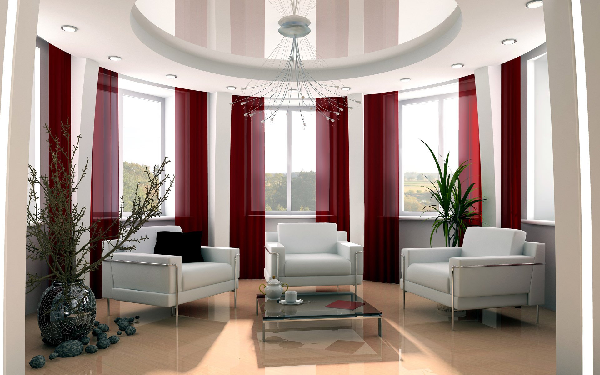 interior design dining bright room white chair glass table vase stones plant window chandelier red curtain