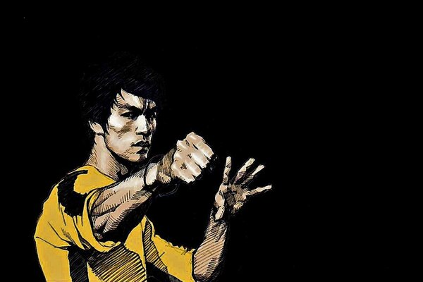 Bruce Lee in gelber Jacke auf schwarzem Hintergrund