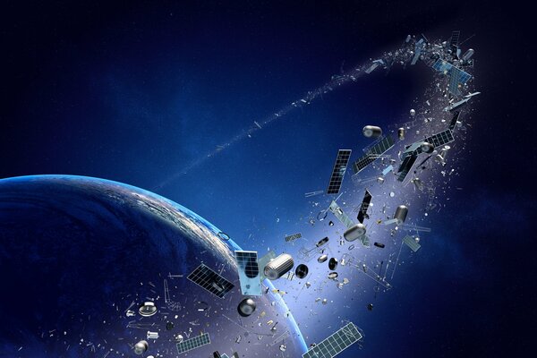 Kosmischer Metallschutt auf Planetenhintergrund