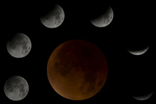 Blood moon surrounded by other moons