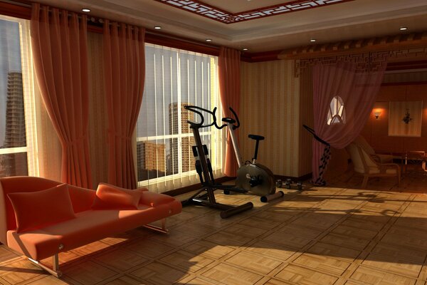 Sala relax e sport con attrezzature per il fitness