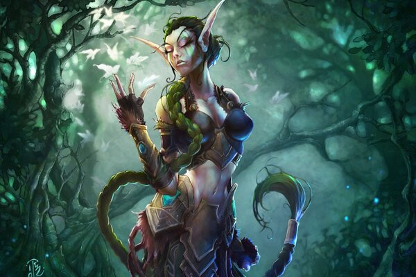 An elf in armor in a fairy forest