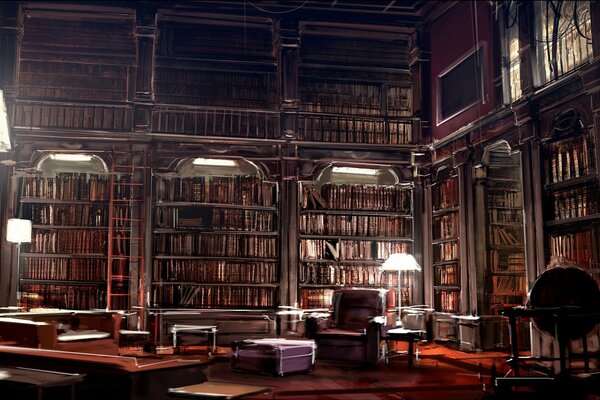 The interior of an ancient library with artificial light