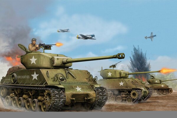 Medium tanks and planes are fighting a battle in 1944