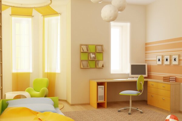 Apartment with a stylish children s room with green tones