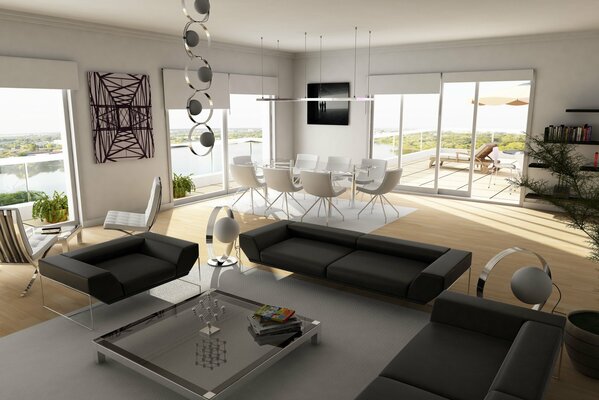 Design of a living room with sofas, armchairs and a table