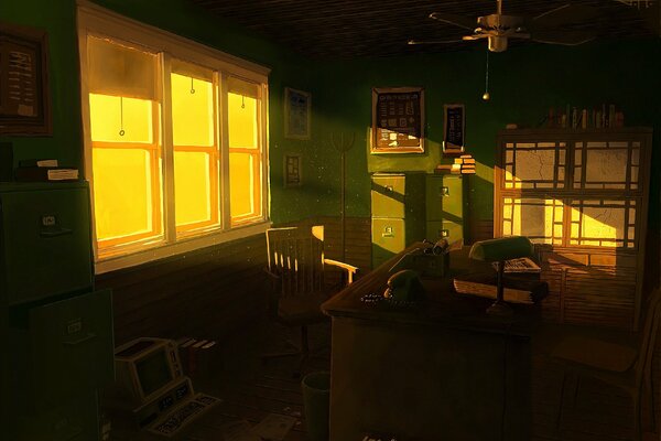 An empty detective s office in the evening