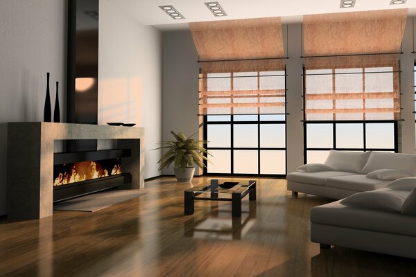 Minimalistic design of the living room with fireplace and large windows