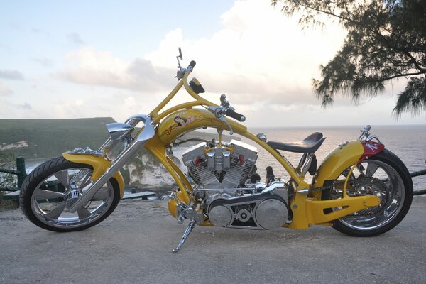 Beautiful yellow motorcycle bike on the dock