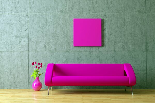 A room in a creative style with a crimson sofa