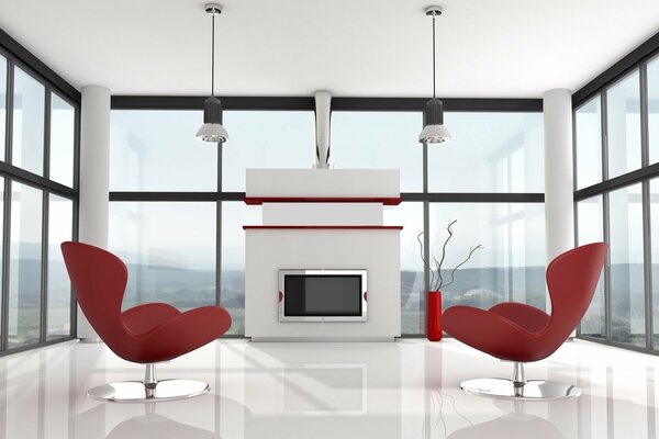 Interior with red armchairs and a screen