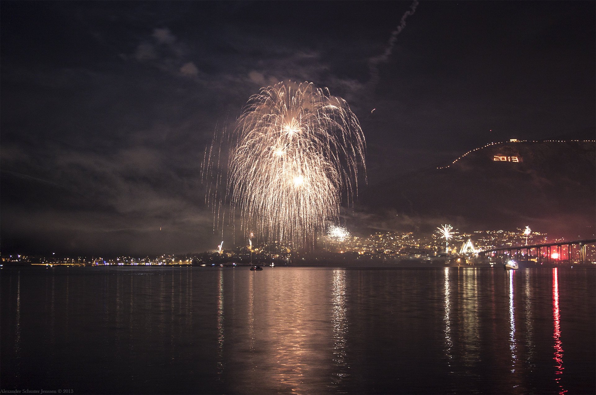 new year night 2013 salute lights river mountain