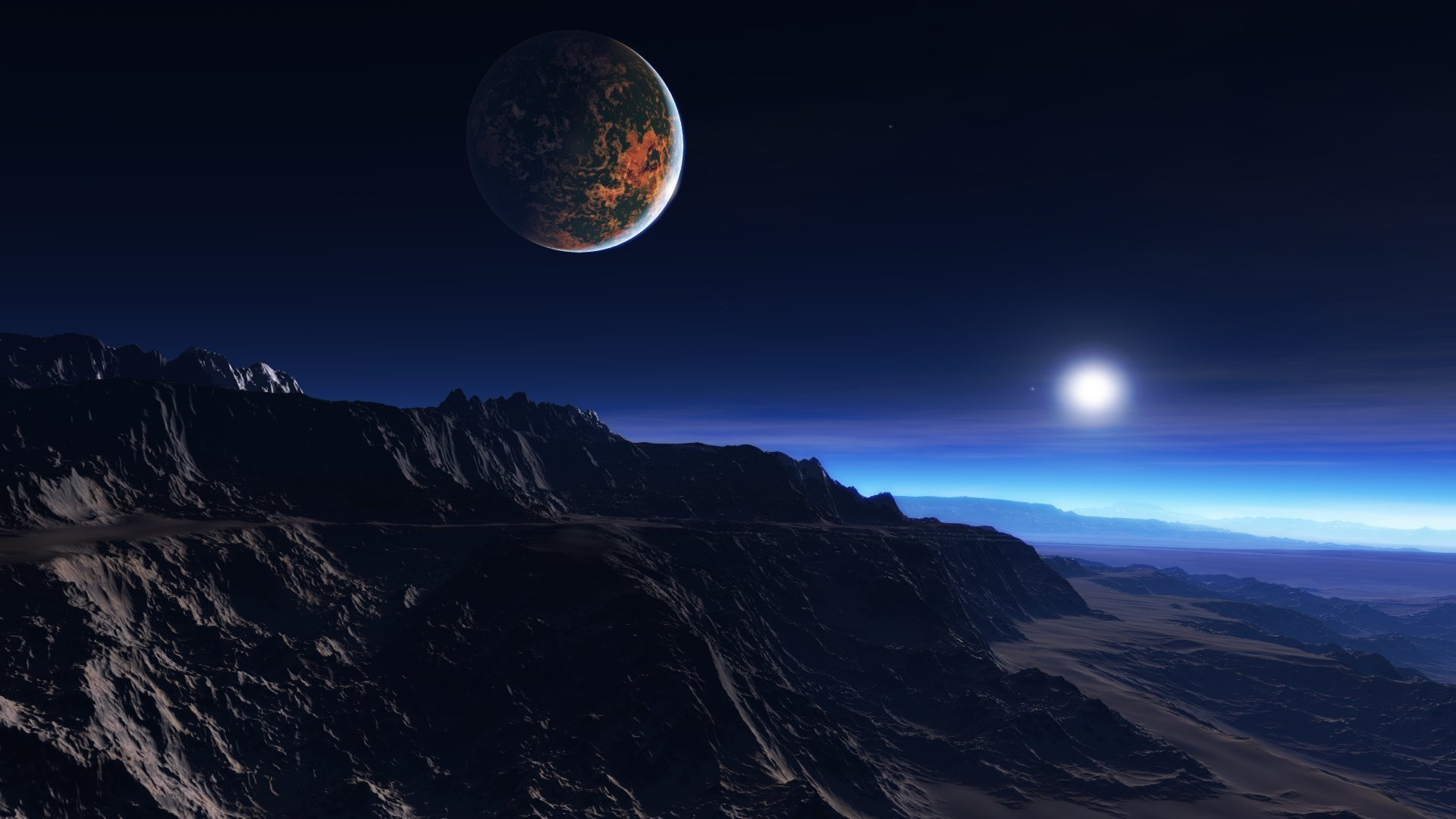 exoplanet kälte stern weißer zwerg satellit dunst berge felsen atmosphäre wolken morgen sonnenaufgang morgendämmerung tot