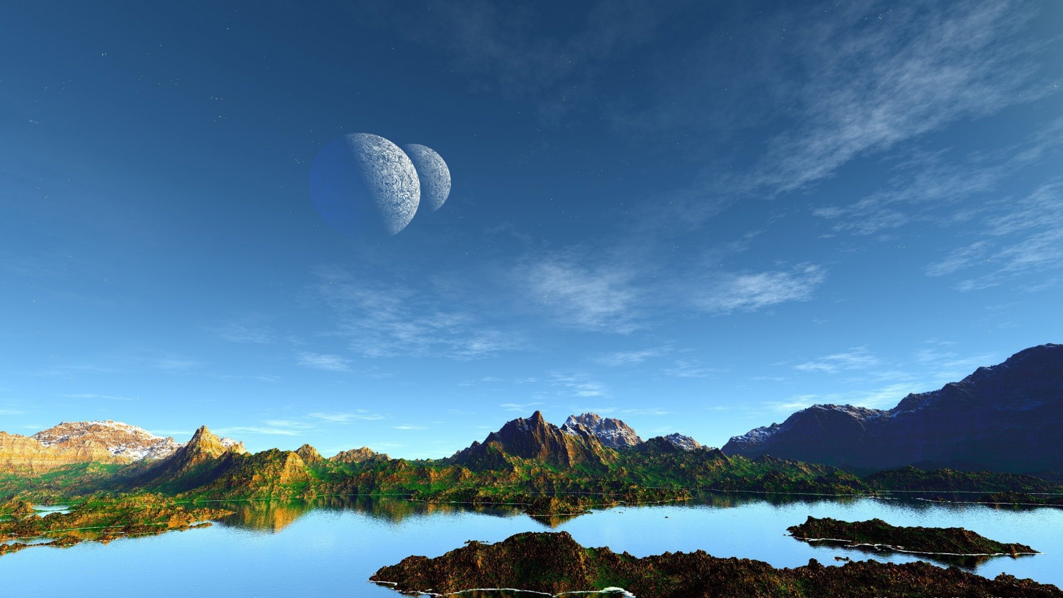 exoplanet satellites starry sky offers surface rock. the mountains water vegetation life