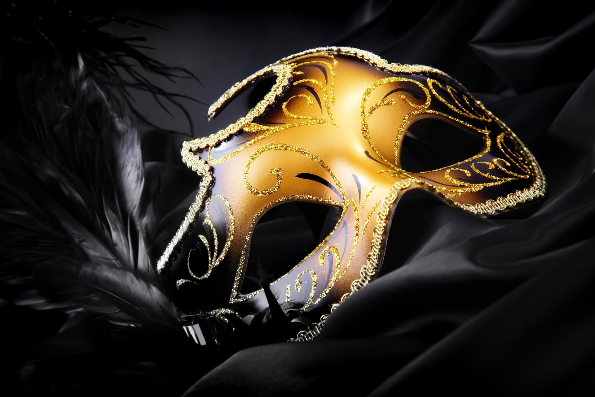 mask sequins silk feathers black gold