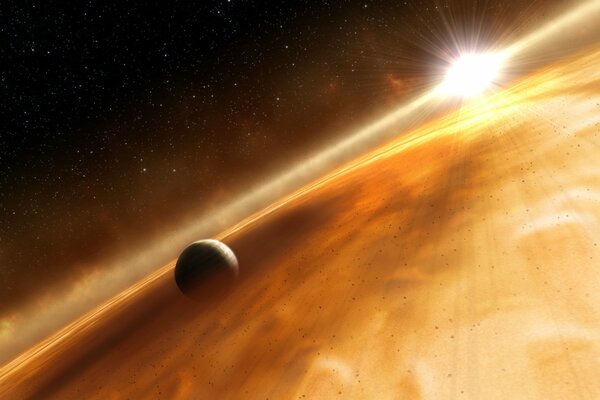 A fantasy image of a planet and a shining ray