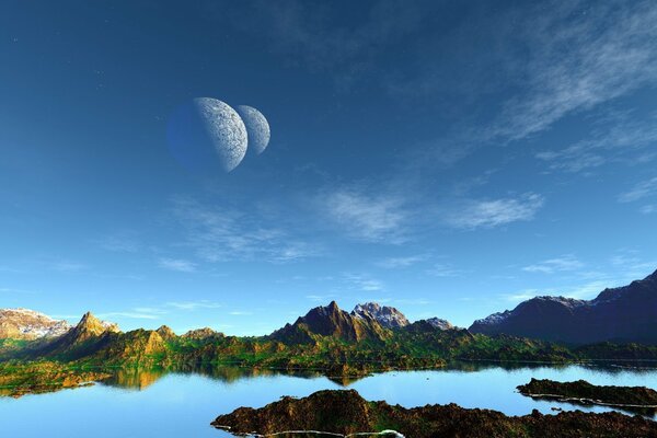 An unknown planet with a lake and vegetation