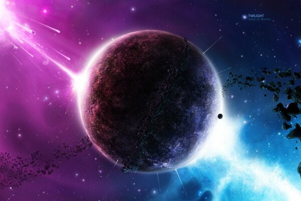 A planet on a bright blue blue and purple lilac background