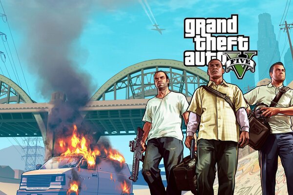 GTA characters with weapons on the background of a burning van