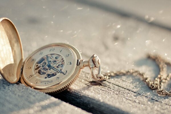 Montre de poche entrouverte sur la chaîne