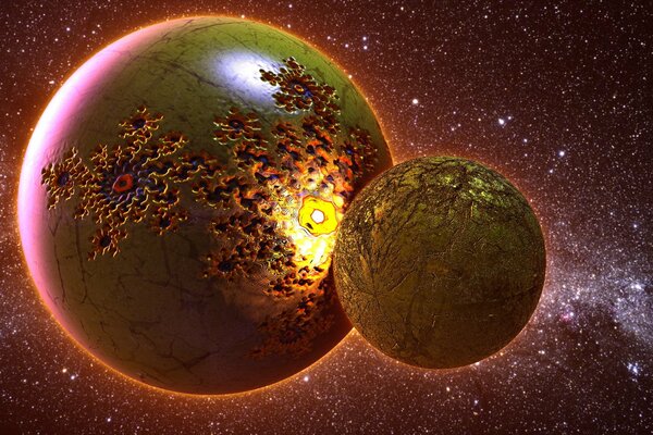 Collision of two planets in space