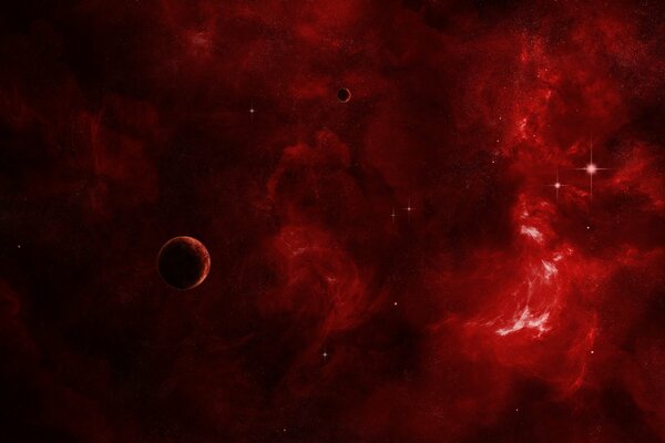 Roter Kosmos und fliegende Planeten auf seinem Hintergrund