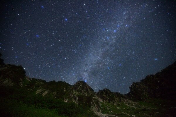 Milky Way at night at the foot of the mountains