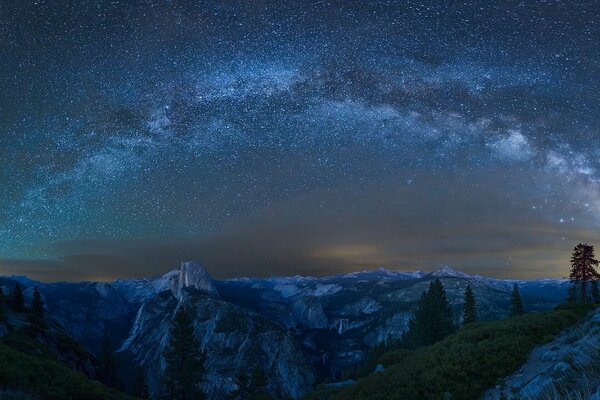 Cielo estrellado sobre árboles y montañas