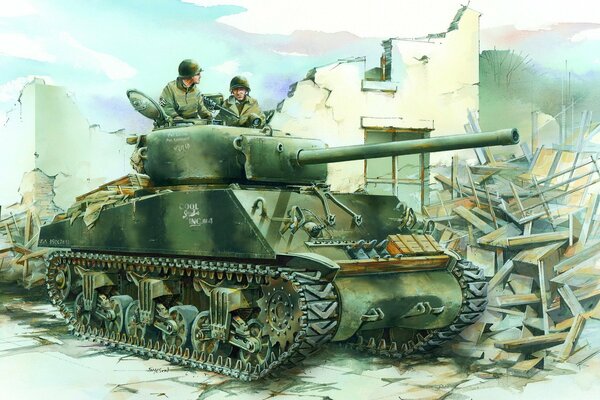 Char Sherman et tankistes dans les paysages de la seconde guerre mondiale