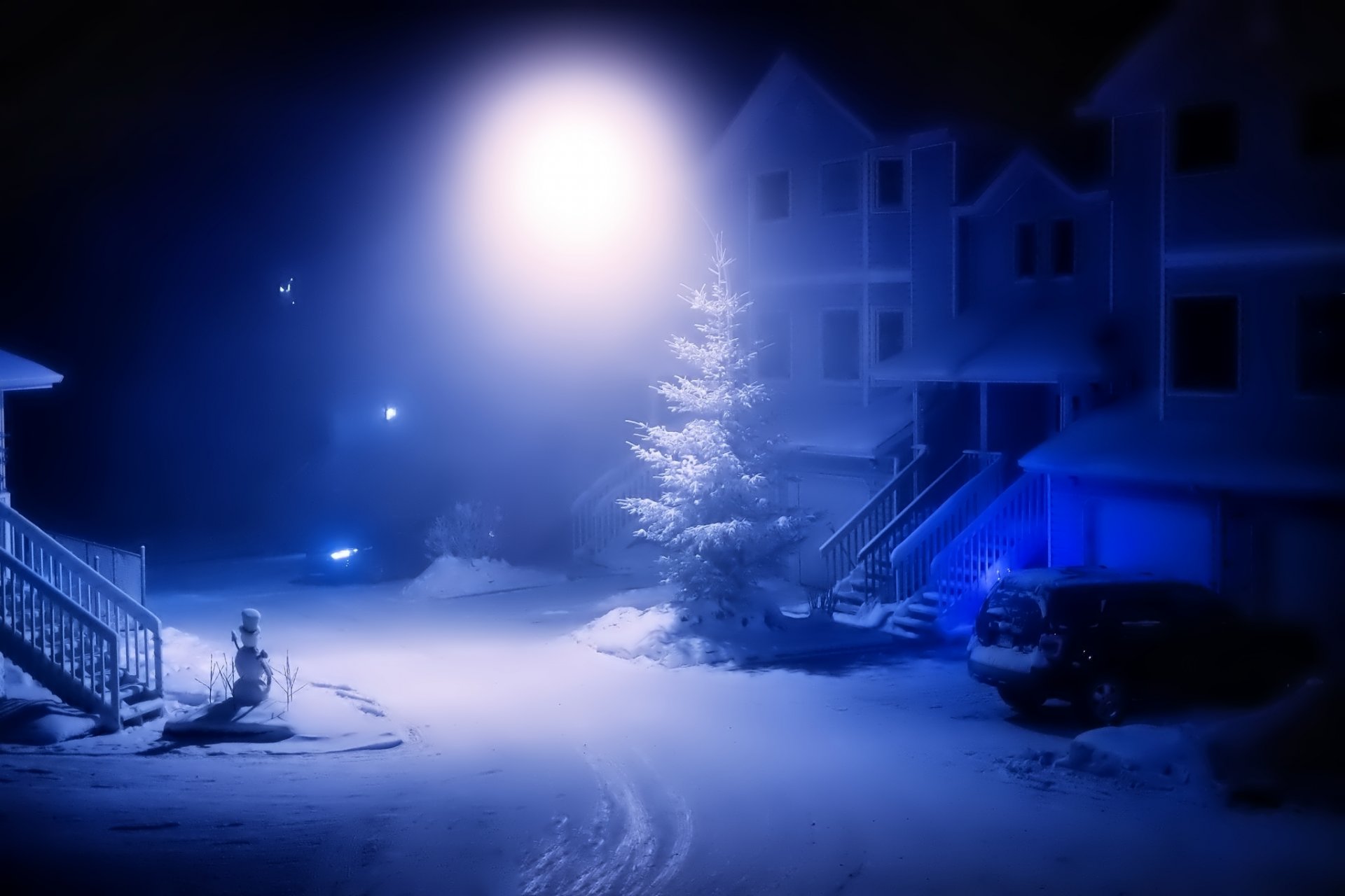 winter snow yard tree snowman car lantern light