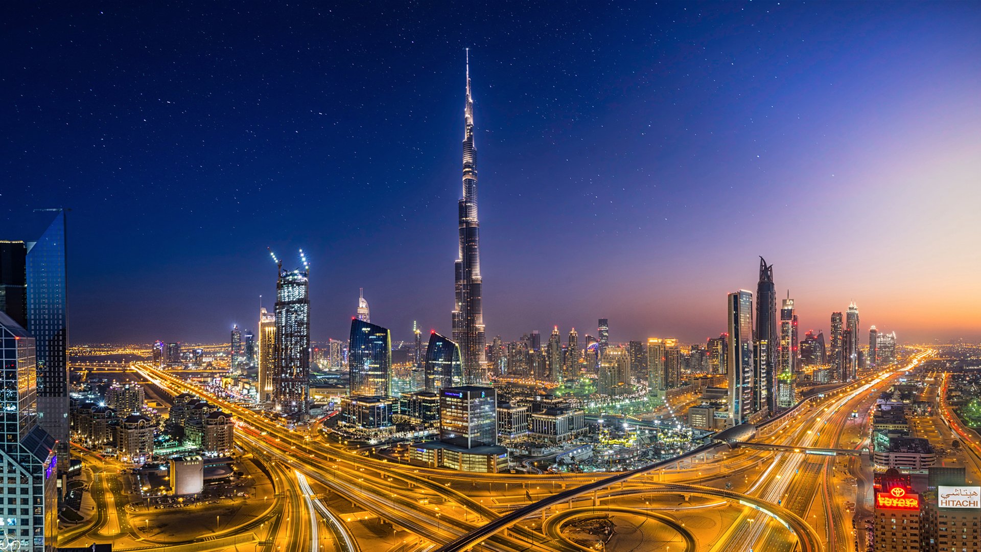 vereinigte arabische emirate stadt dubai burj khalifa tower lichter abend