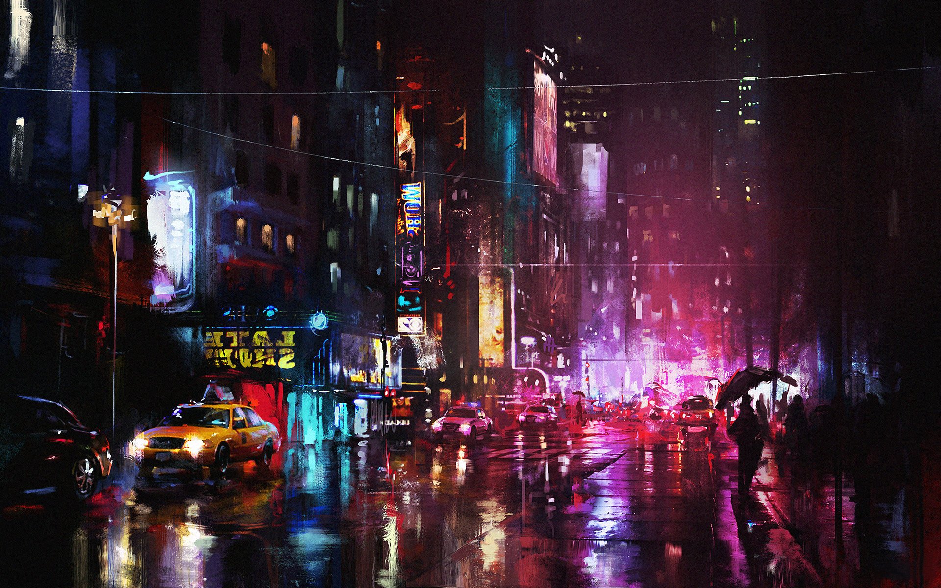 noche calle luces ciudad arte casa coches transeúntes