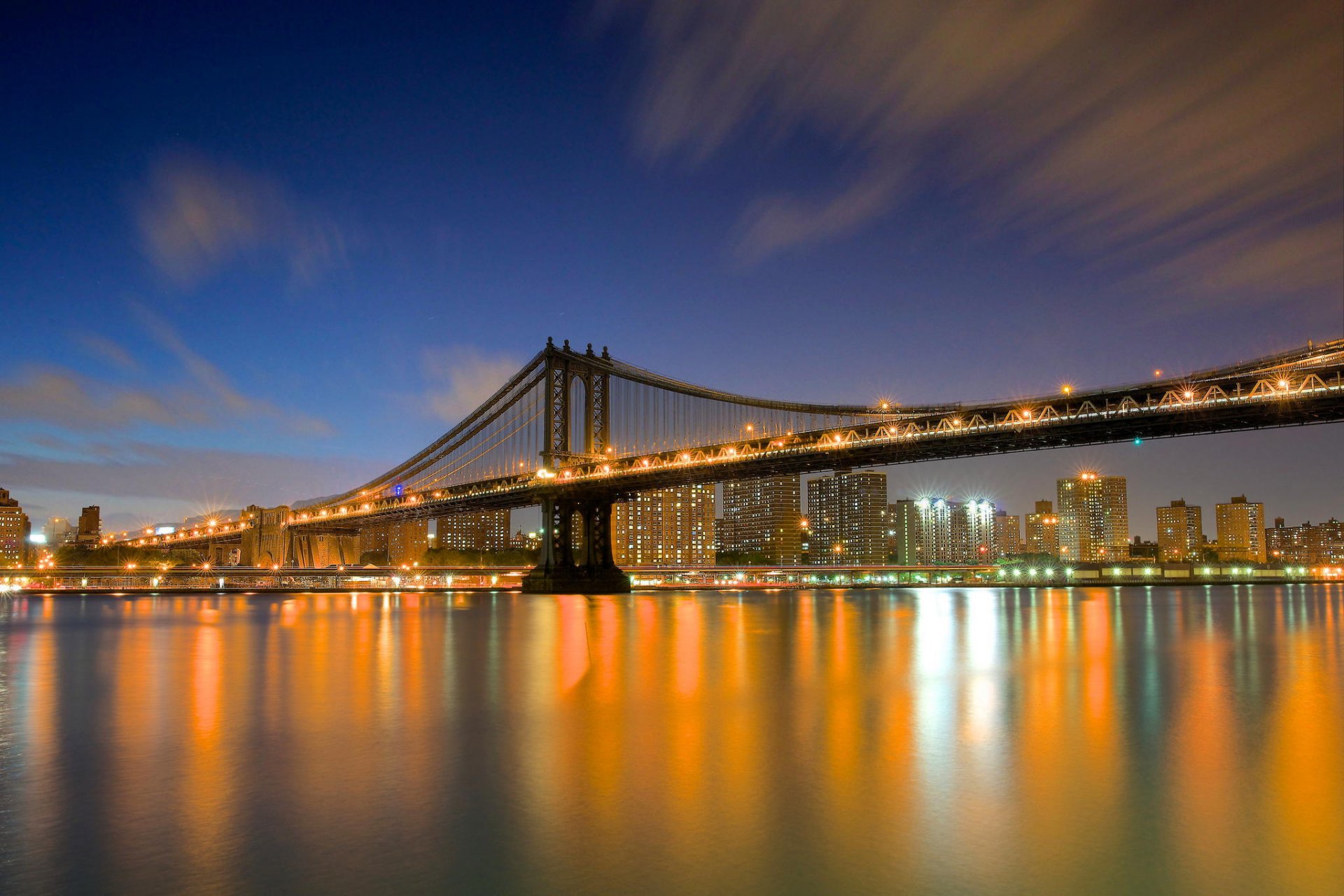 new york usa city evening lights skyscrapers buildings houses river bridge