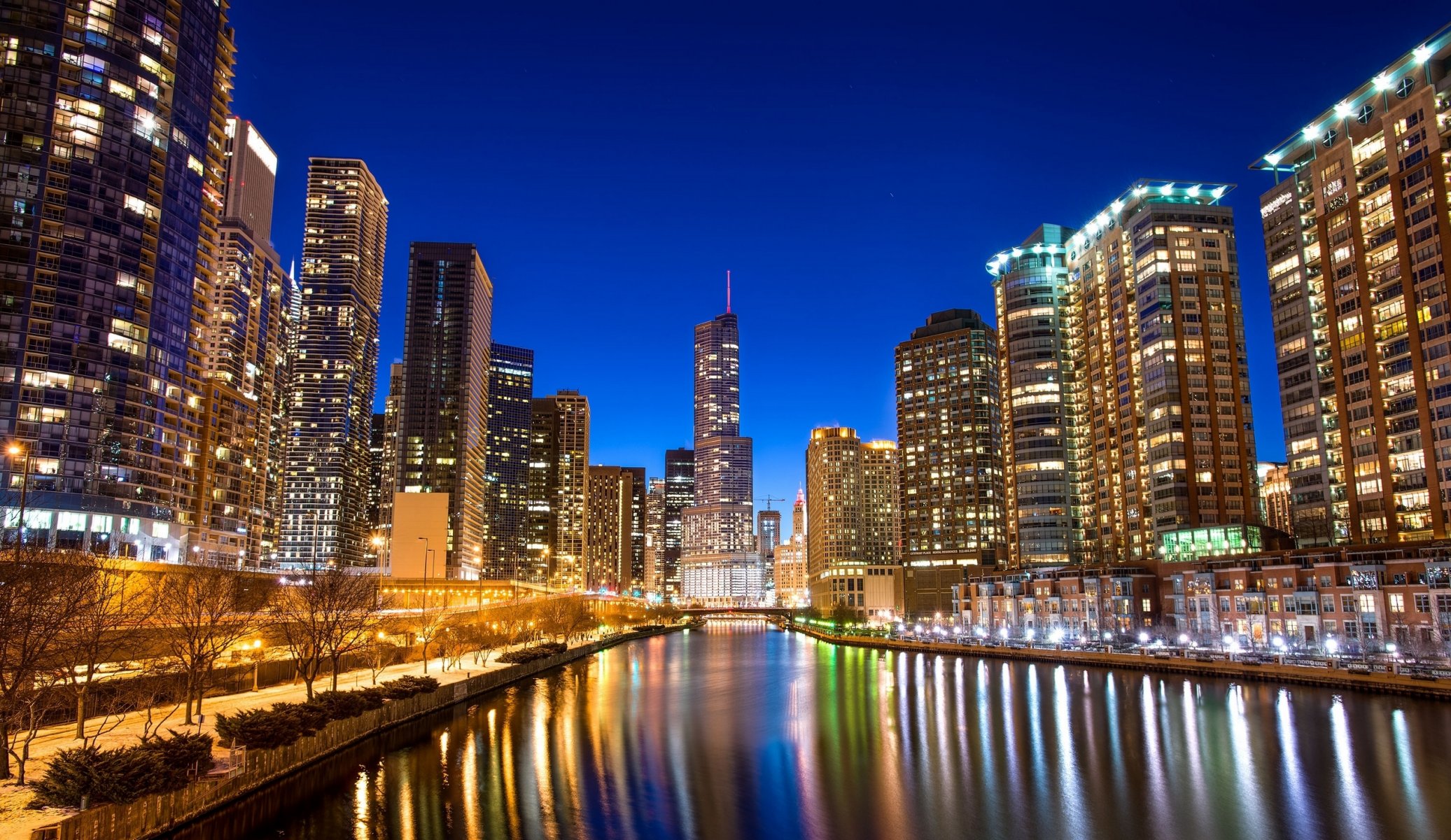 chicago buildings river embankment night city reflection