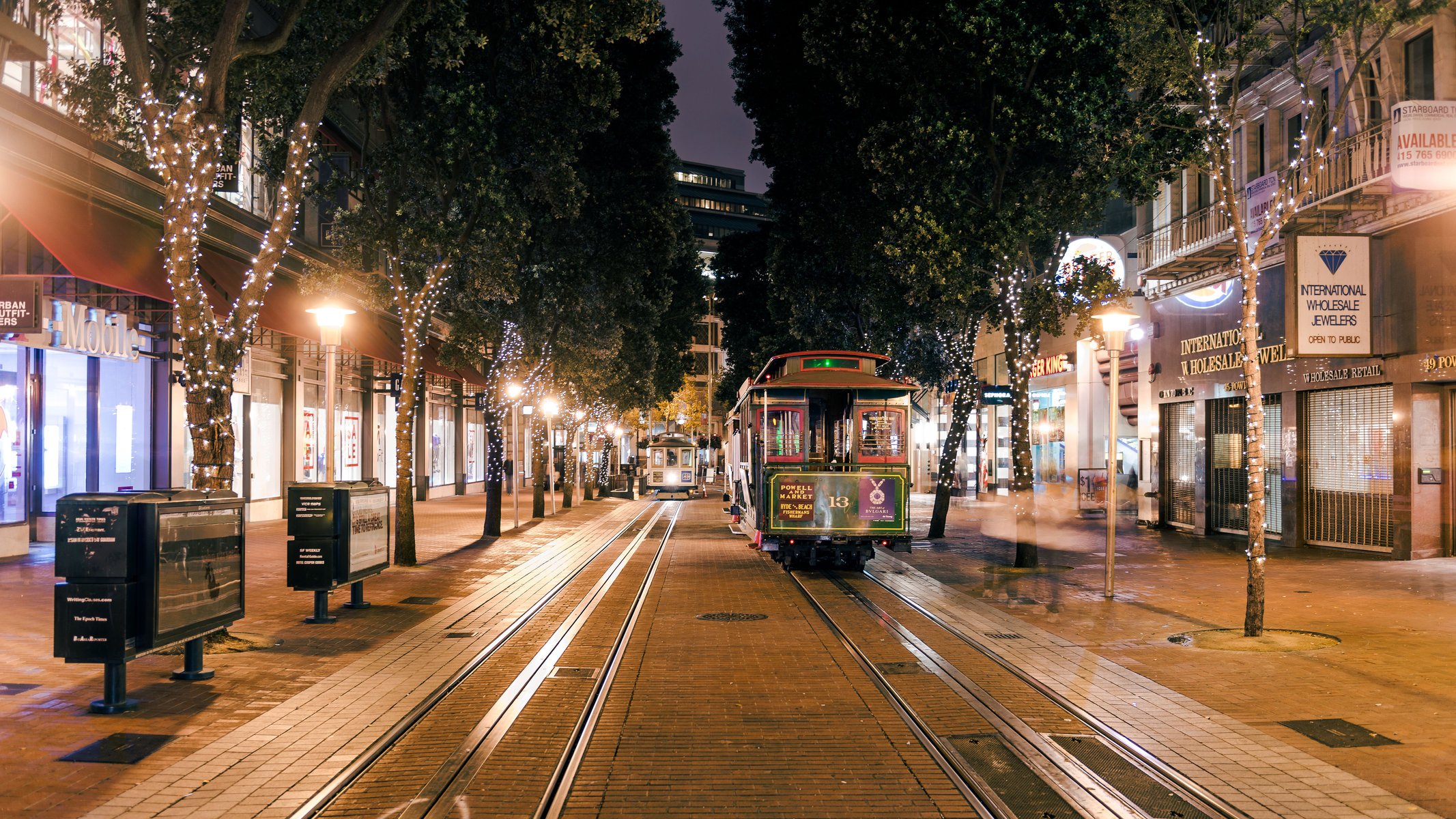 an francisco san francisco california usa trolley powell street night lanterns tree railway tram lights railway road