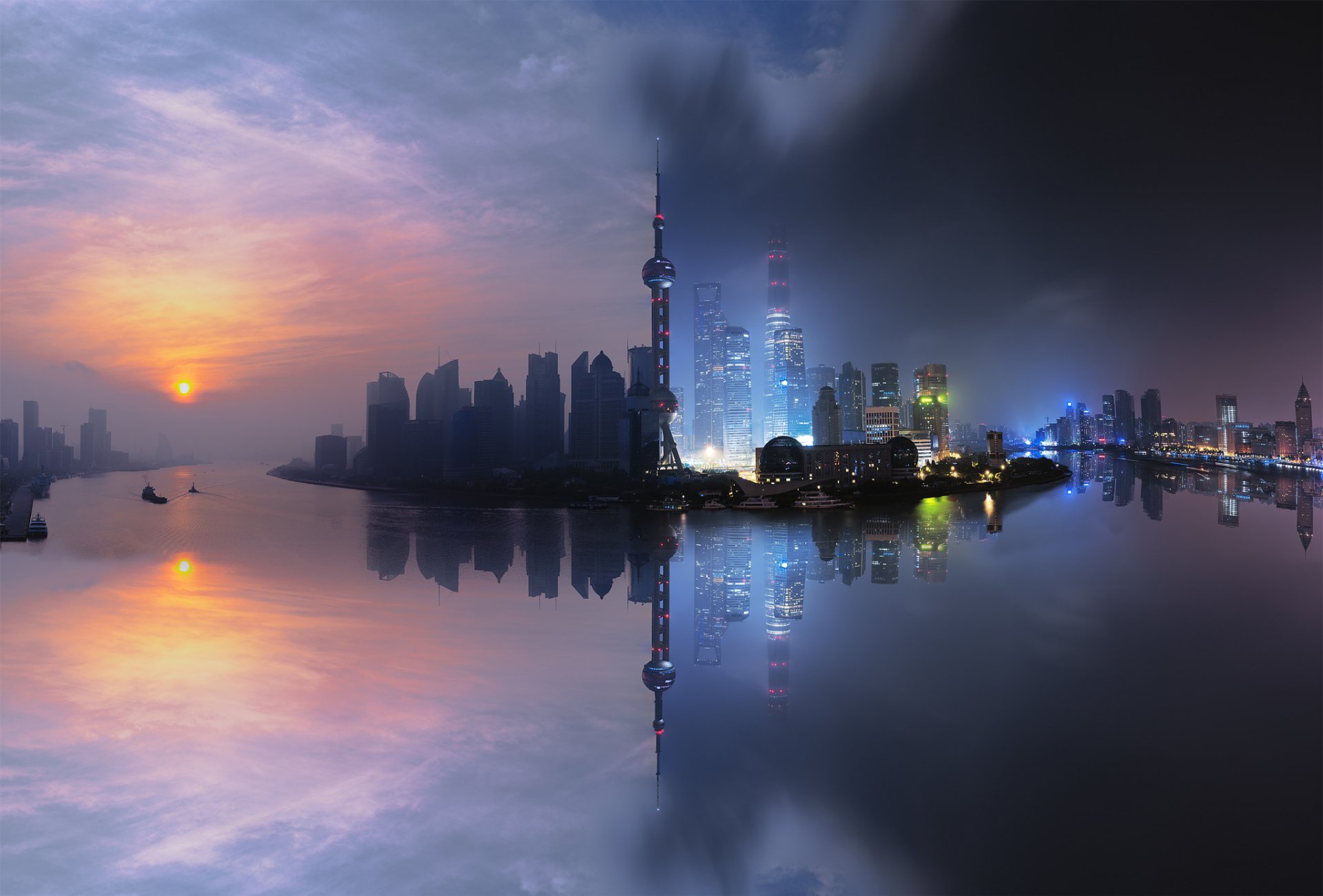 china urban shanghai architecture building city clouds lake light long exposure night reflection river sky street summer sun travel water