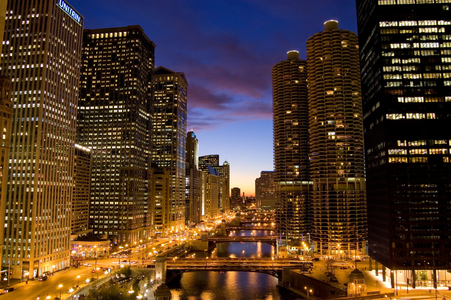 chicago amérique états-unis nuit lumières ponts bâtiments gratte-ciel gratte-ciel
