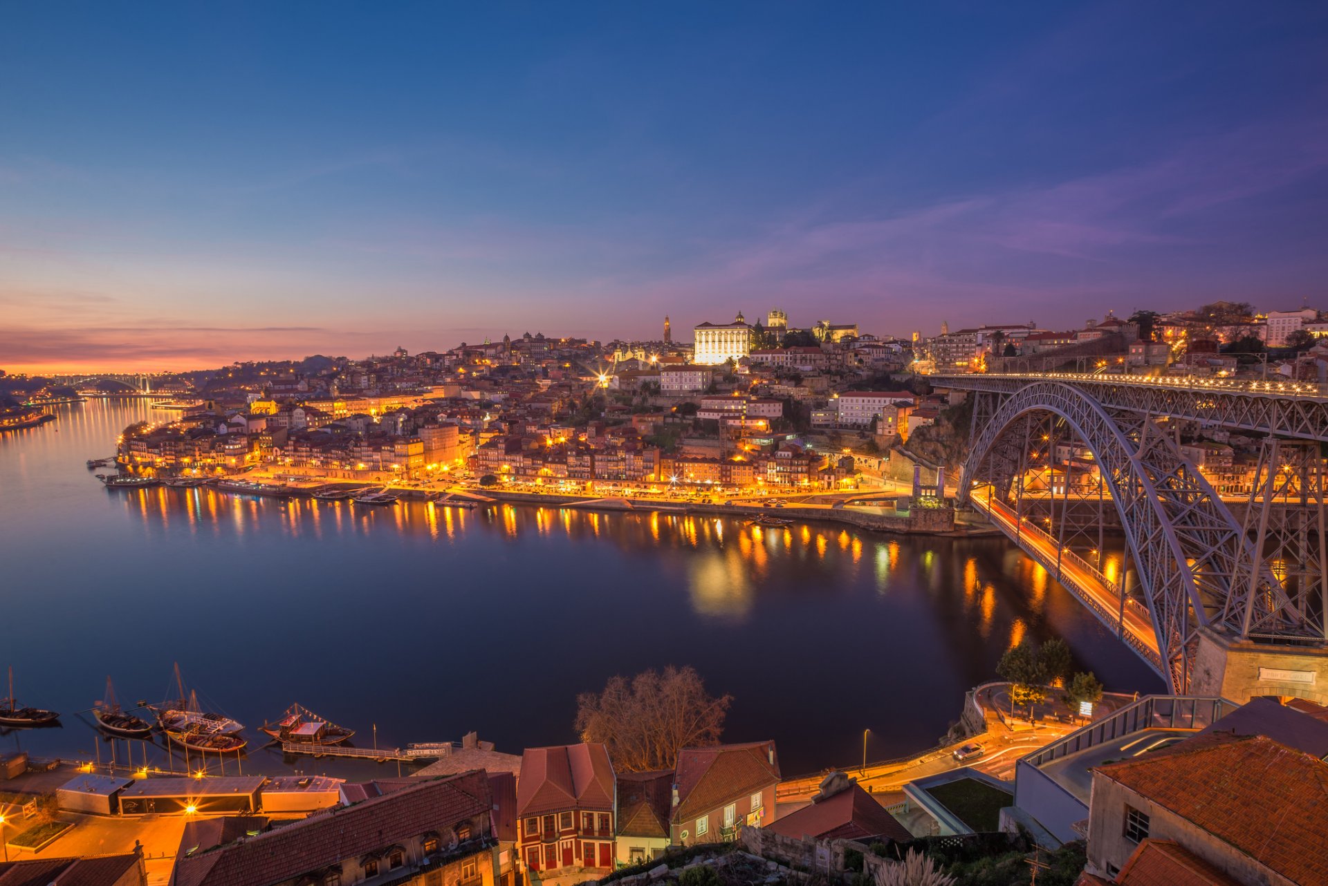 oporto portugal ciudad luces río puente amanecer