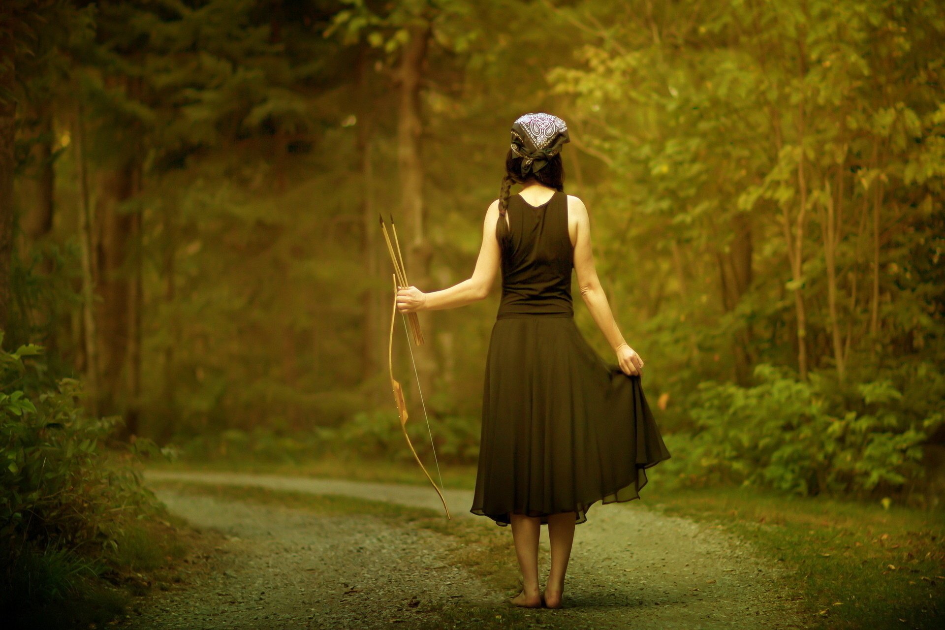 bow arrows forest road girl